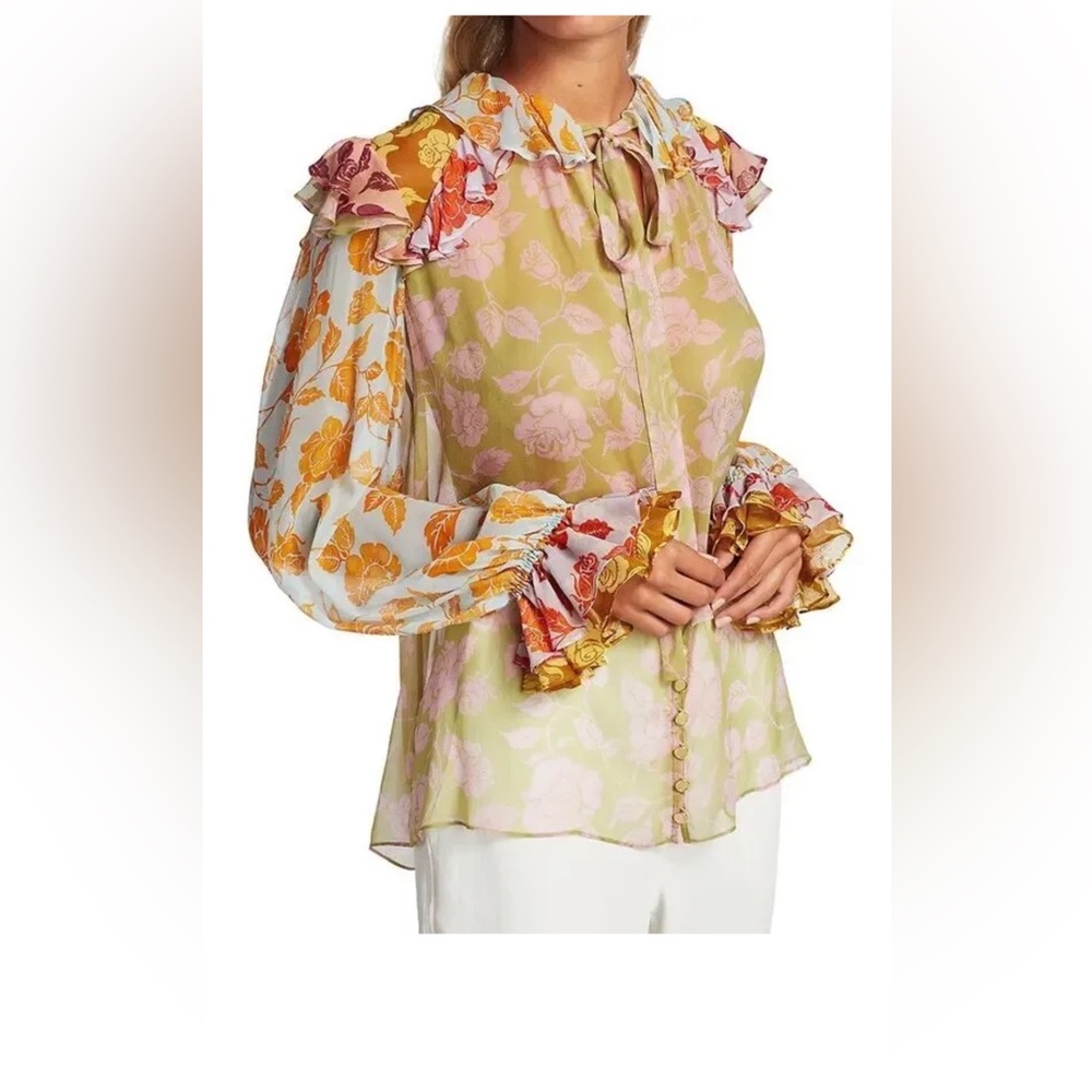 Zimmermann The Lovestruck Ruffle Silk  Shirt  Floral Roses Sheer blouse size 1 - Picture 3 of 12